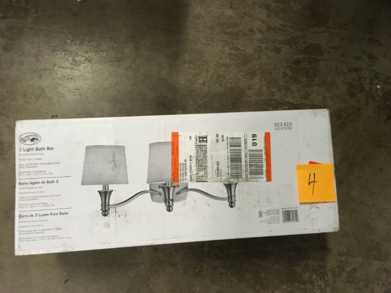 lot 4 image: Towne 3-Light Brushed Nickel Vanity Light with White Fabric Shades- not used