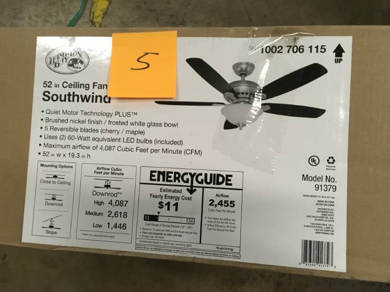 lot 5 image: Hampton Bay Southwind 52 in. LED Indoor Brushed Nickel Ceiling Fan with Light Kit and Remote Control- open box