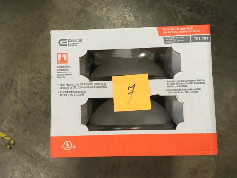 lot 7 image: Commercial Electric 13 in. 2-Light Brushed Nickel Flush Mount with Frosted Glass Shade (2-Pack)- not used