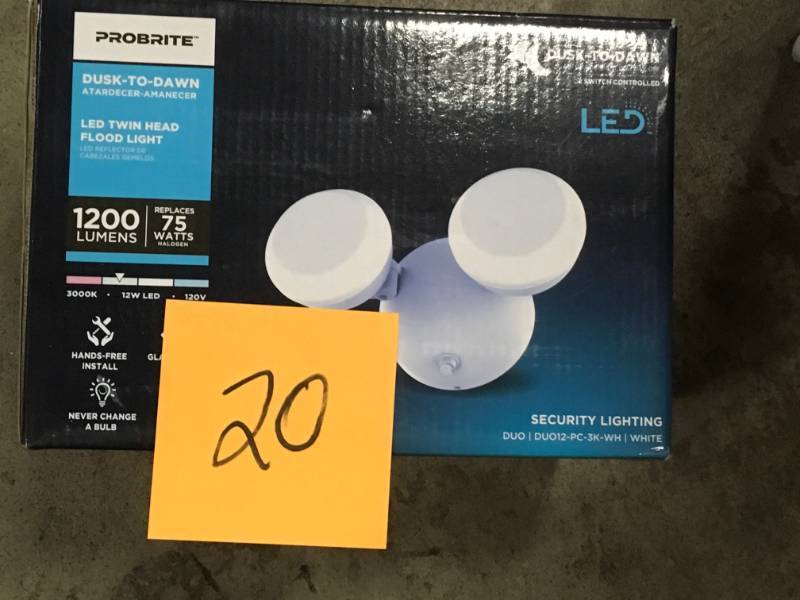lot 20 image: PROBRITE Bright 12-Watt Integrated LED Flood Light, 1200 Lumens, Dusk to Dawn Outdoor Light- not used