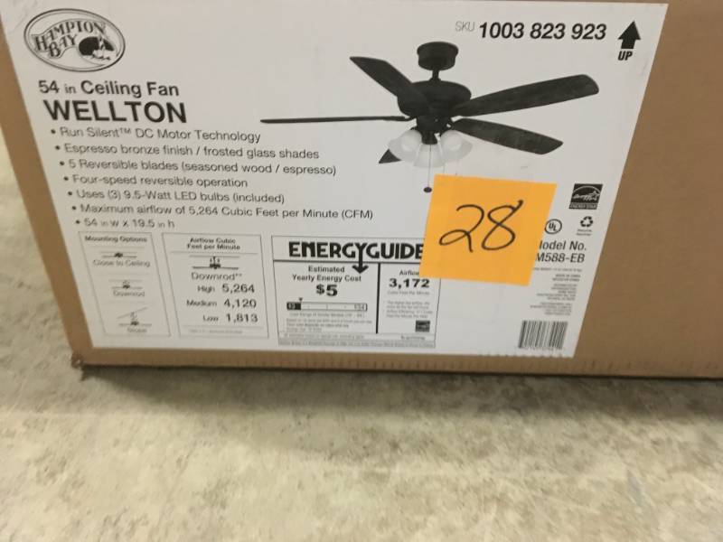 lot 28 image: Hampton Bay Wellton 54 in LED Espresso Bronze DC Motor Ceiling Fan with Light- open box