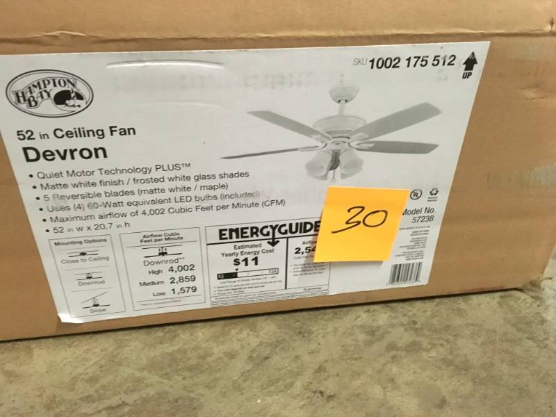 lot 30 image: Hampton Bay Devron 52 in. LED Indoor Matte White Ceiling Fan with Light Kit- not used