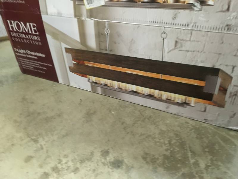 lot 54 image: Ackwood 7-Light Dark Wood Rectangular Chandelier with Clear Seeded Glass Shades- not used