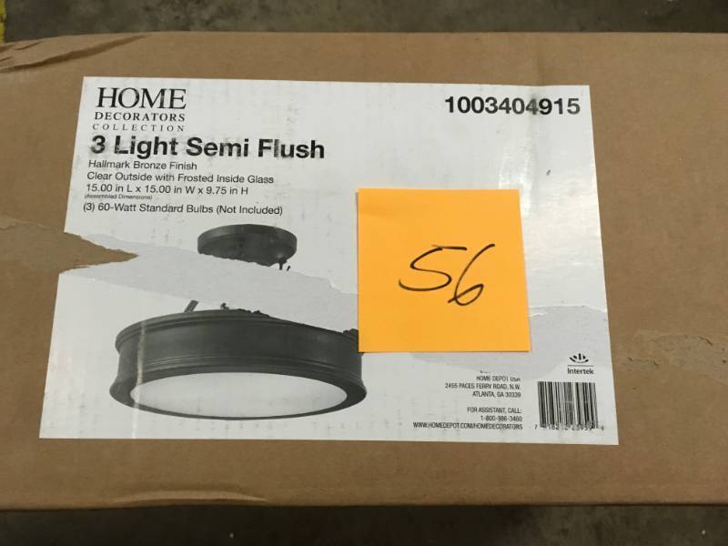 lot 56 image: 3-Light Hallmark Bronze Semi-Flush Mount with Clear OutsideFrosted Inside Glass- not used