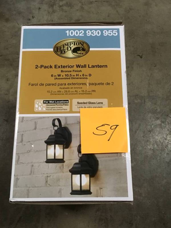 lot 59 image: Hampton Bay 1-Light Bronze Outdoor Wall Lantern Sconce with Seeded Glass (2-Pack)- not used