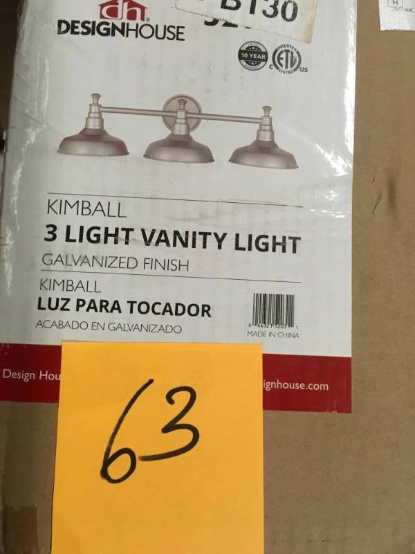 lot 63 image: Design House Kimball 3-Light Galvanized Steel Indoor Vanity Light- not used