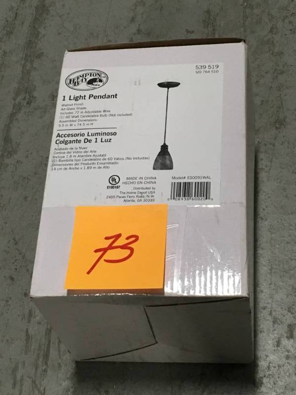 lot 73 image: Hampton Bay 1-Light Walnut Hanging Mini Pendant- not used