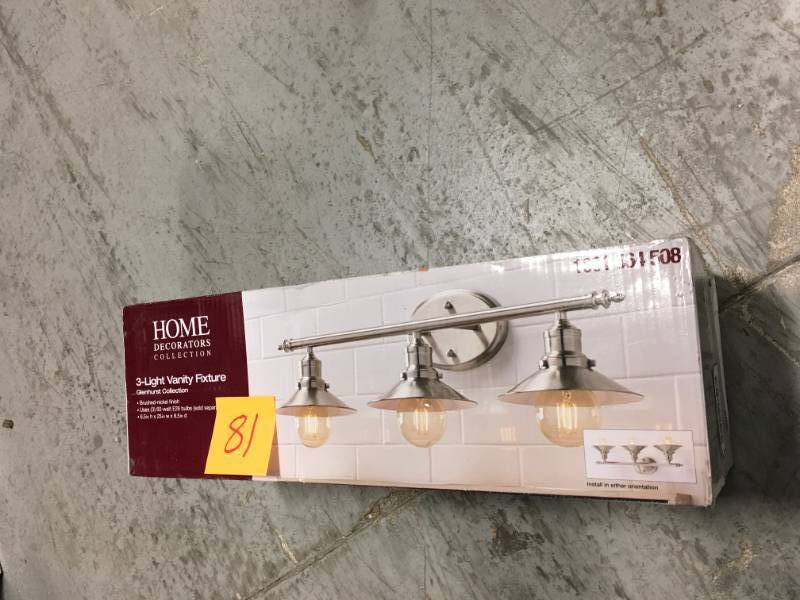 lot 81 image: Home Decorators Collection Bathroom Lighting 3-Light Brushed Nickel Retro Vanity- good conditon