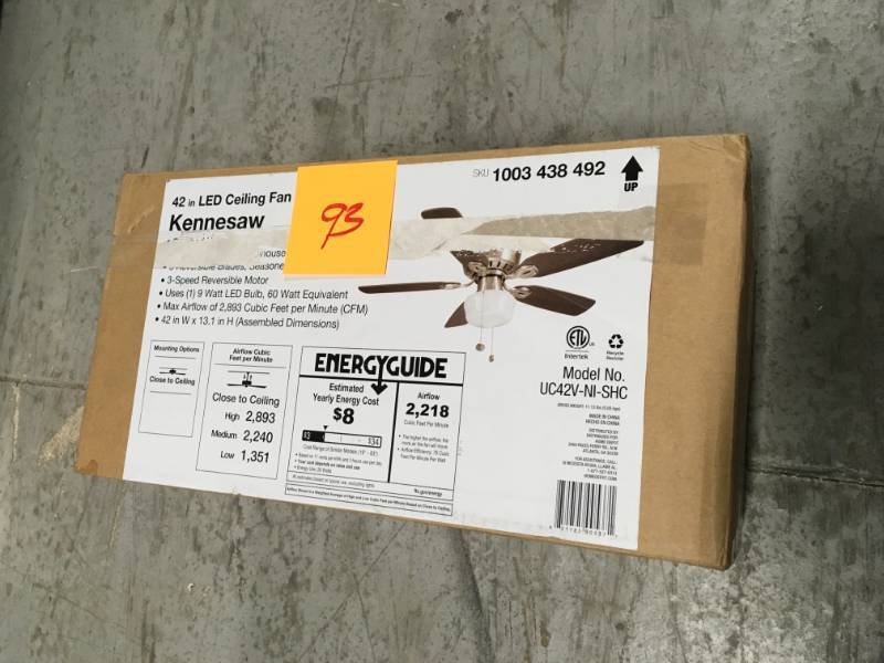 lot 93 image: Kennesaw 42 in. Indoor Brushed Nickel Ceiling Fan with Light- not used