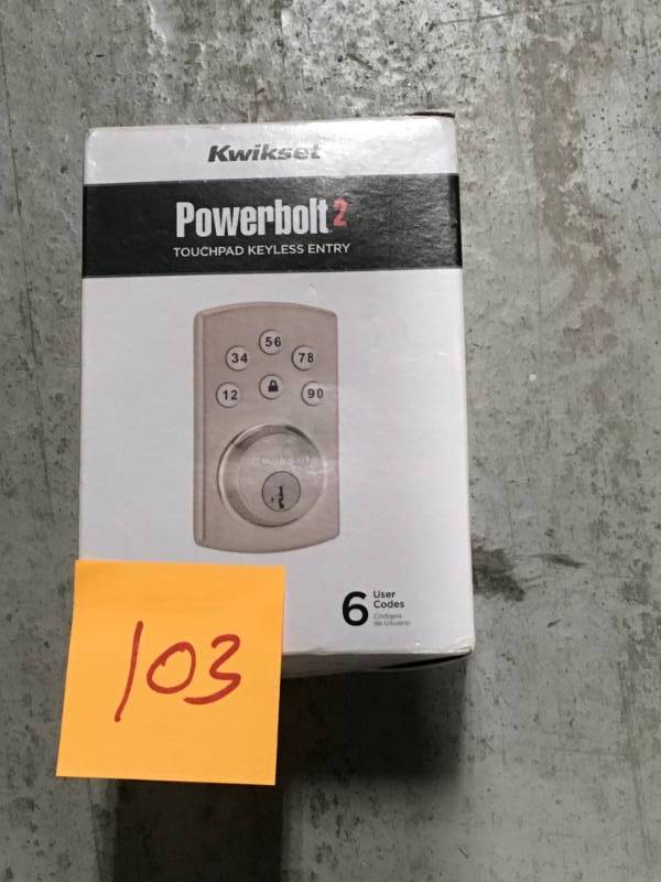 lot 103 image: Kwikset Powerbolt2 Satin Nickel Single Cylinder Electronic Deadbolt Featuring SmartKey Security- open box