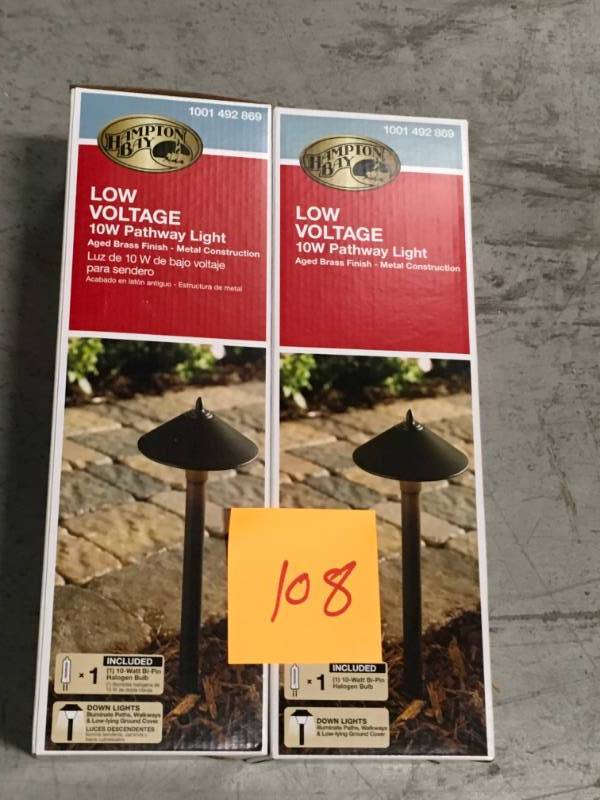 lot 108 image: (Lot of 2) Hampton Bay Low-Voltage 10-Watt Aged Brass Outdoor Halogen Landscape Path Light- not used