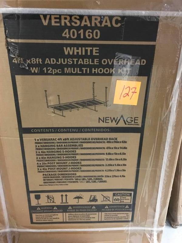 lot 127 image: NewAge Products VersaRac 42 in. H x 48 in. W x 96 in. D Adjustable Height Garage Ceiling Mounted Storage Unit in White w12-Piece Hooks-new