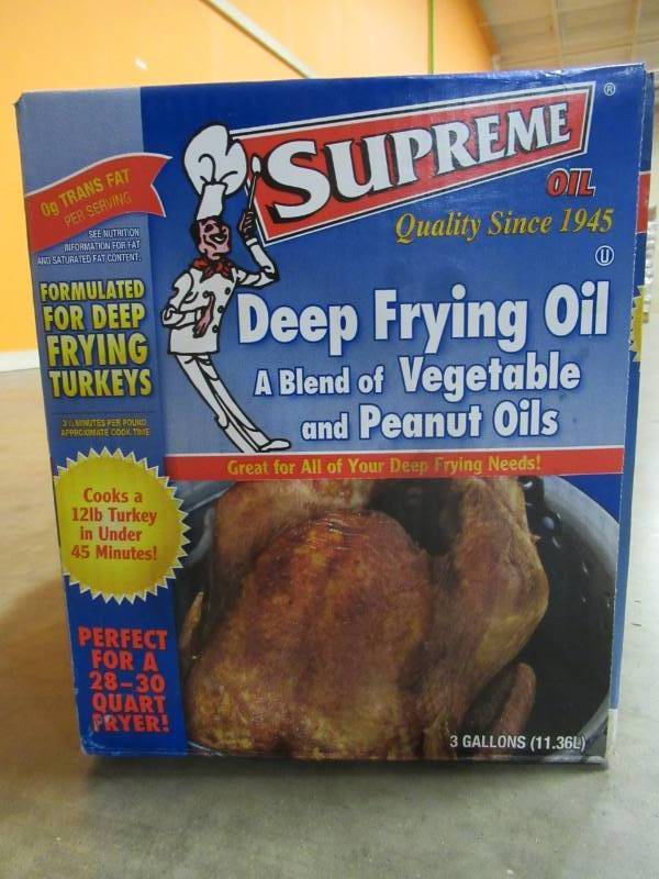 lot 102 image: Supreme Oil Deep Frying Vegetable and Peanut Oil Blend 384 fl. oz. GREAT FOR FRYING TURKEYS