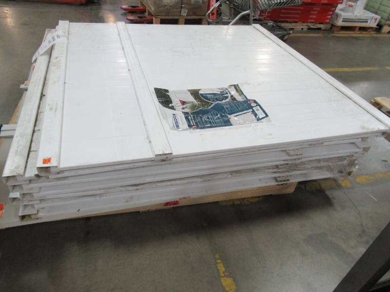 lot 99 image: 8 Freedom (Actual 5.66-ft x 5.45-ft) Pre-Assembled Brighton White Vinyl Panels 73008781 - May have cracks dentsscratches