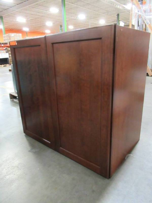 lot 116 image: Large Dark Brown Stained Kitchen Wall Cabinet 36 x 22 x 33 Tall. - Some slight scratches