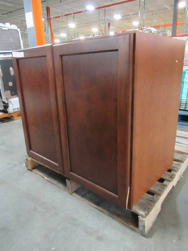 lot 117 image: Large Dark Brown Stained Kitchen Wall Cabinet 36 x 22 x 30 18 Tall. - Some slight scratches and Crack in Bottom RH Door