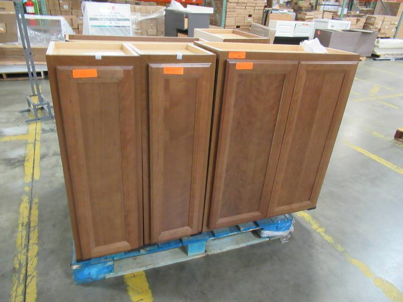 lot 119 image: 6 Matching Medium Brown Stained Kitchen Wall Cabinets - In nice condition.