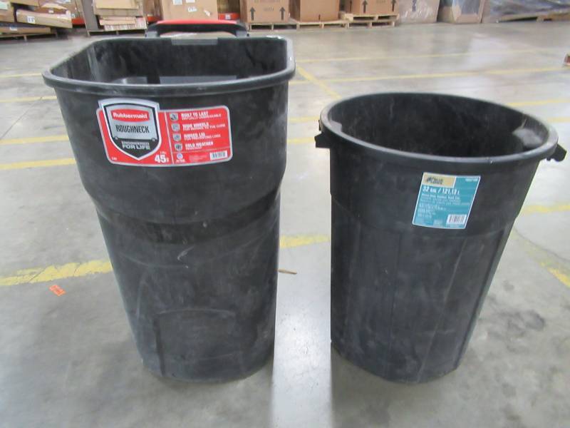 lot 154 image: (1) 32 Gallon Trash Can and (1) 45 Gallon Rolling Can Missing Top - USED