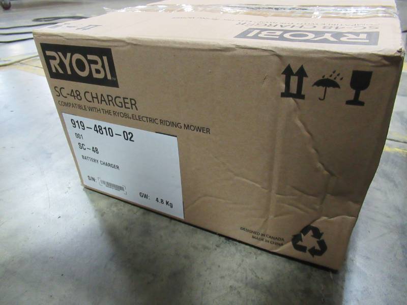 lot 155 image: Ryobi EZGO 48 VOLT CHARGER SC-48 FOR USE WITH RYOBI RIDING AND ZERO-TURN MOWERS AND E-Z-GO RXV and TXT GOLF CARTS. NEW IN BOX