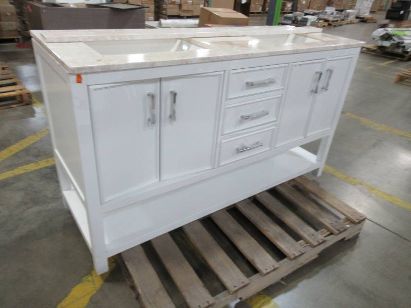 lot 194 image: allen  roth Presnell Approximately 61 x 22 x 34 14 Tall Dove White Double Sink Bathroom Vanity with Carrara Tan Natural Marble Top 261065 - Cracked Back Panel and Missing LH Door Stop Block.