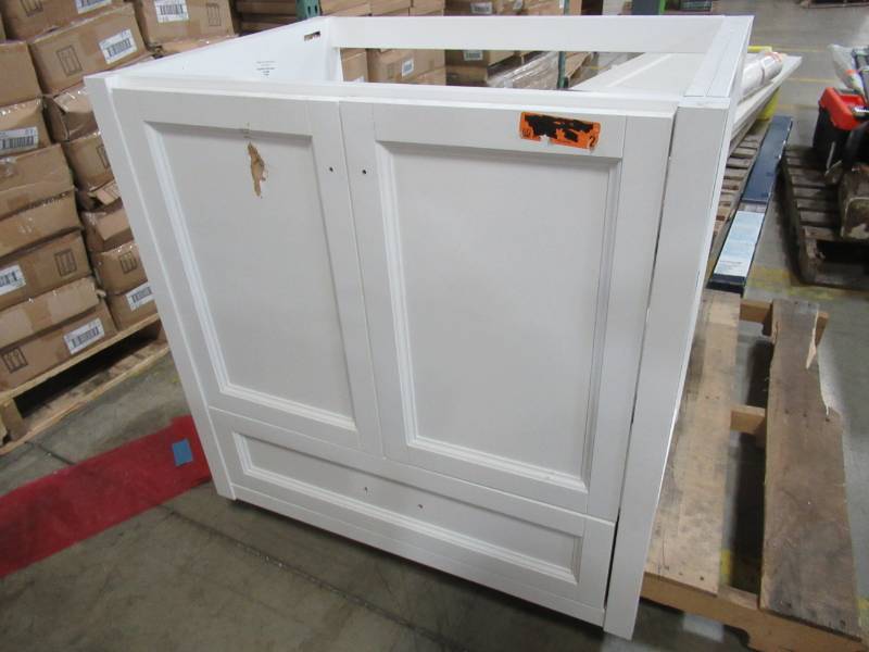 lot 196 image: White 2 Door Vanity Cabinet 30 x 21 58 x 30 18 Tall - CrackHole in LH Door.