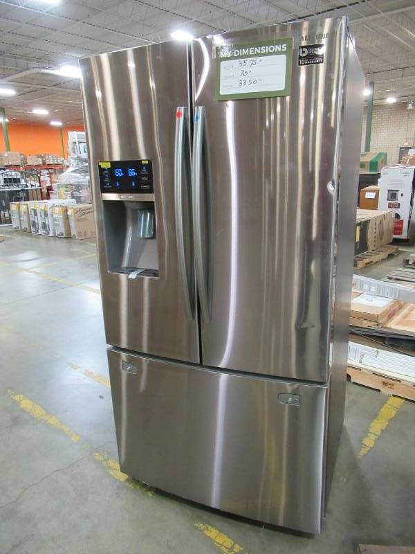 lot 198 image: USED - Samsung 25.5-cu ft French Door Refrigerator with Ice Maker (Stainless steel), RF28HFEDTSR - ICE DISPENSER FLAP MOTOR CONSTANTLY RUNNING, Small Dimples On Doors. Missing plastic insert for Bottom Drawer Handle