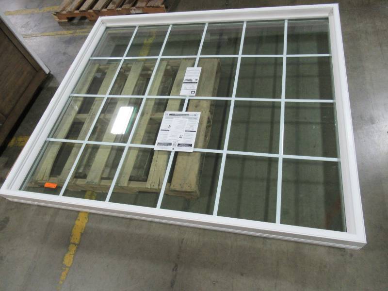 lot 268 image: Large Pella Custom 24 Lite Vinyl Picture Window, Grill Inside Low E Argon Filled Glass. Measures Approximately 71 12 X 62 78 X 4 916 In White