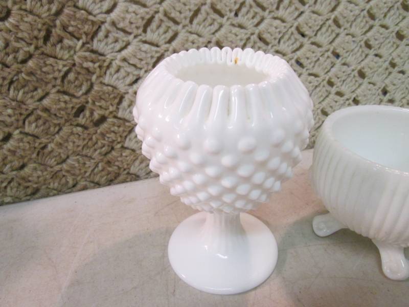 lot 55 image: 3 Vintage White Glass Footed Bowls...