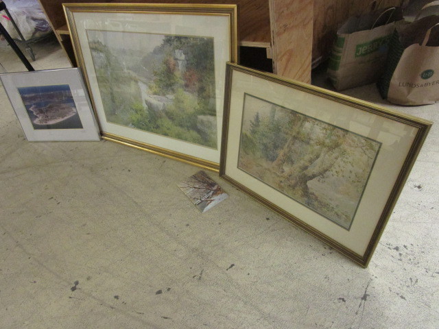 lot 214 image: PAUL SAWYIER PAINTINGS, WOOD END TABLE, AND FRAMED SCENERY PHOTO