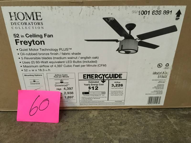 lot 60 image: Home Decorators Freyton 51503 52 LED Oil Rubbed Bronze Ceiling Fan 1001636891- not used