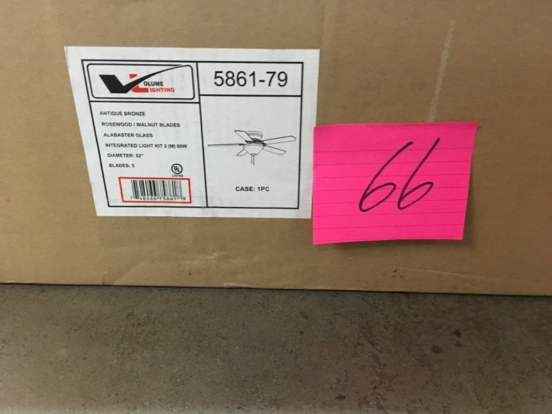 lot 66 image: Volume Lighting 52 in. W x 14.25 in. H 3-Light Indoor Bronze Hugger Ceiling Fan with Light, White Alabaster Glass, Reversible Blades- open box