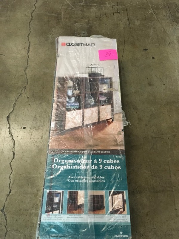 lot 80 image: ClosetMaid 16057 Premium Adjustable 9-Cube Organizer, Dark Chestnut- not used