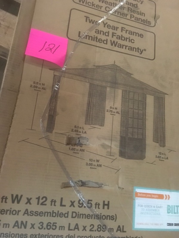 lot 121 image: HAMPTON BAY 10FT XX 12FT GAZEBO BROWN FINISHTAN CANOPY VERRADO- open box