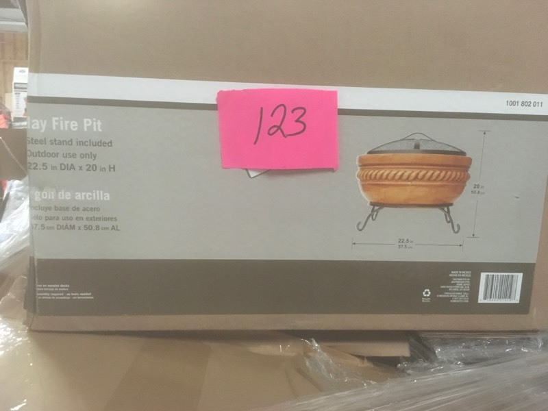lot 123 image: 20 in. Clay Fire Pit with Iron Stand- not used