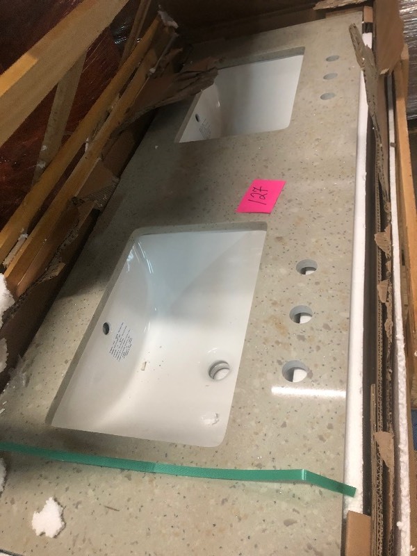 lot 127 image: Home Decorators 61 in. W x 22 in. D Engineered Quartz Vanity Top in Stoneybrook with White Double Trough Sink not used