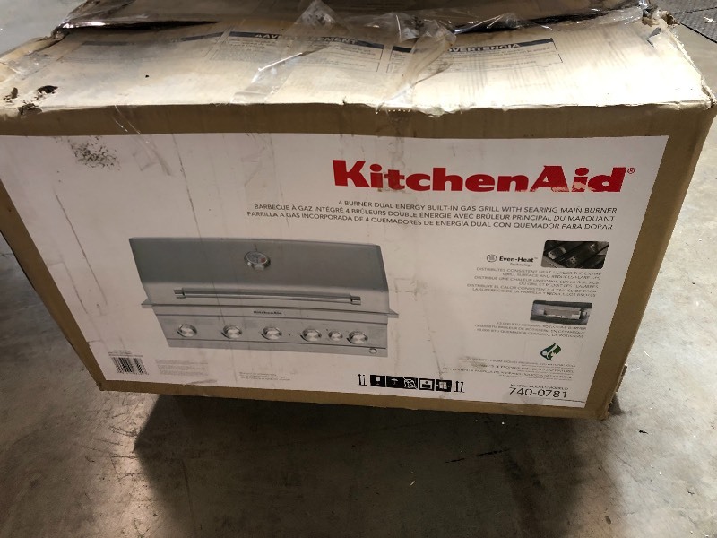 lot 157 image: KitchenAid 4-Burner Built-in Propane Gas Island Grill Head in Stainless Steel with Searing Main Burner and Rotisserie Burner not used
