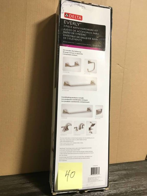 lot 40 image: Delta EVE63-BN Everly 3-Piece Bath Hardware Set with Towel Ring, Toilet Paper Holder and 24 Towel Bar in Brushed Nickel- not used