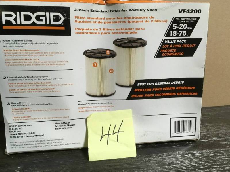 lot 44 image: Ridgid Wet Dry Shop Vacuum Filter 2 Pack Filters Vac Replacement Accessories New VF4200- good condition