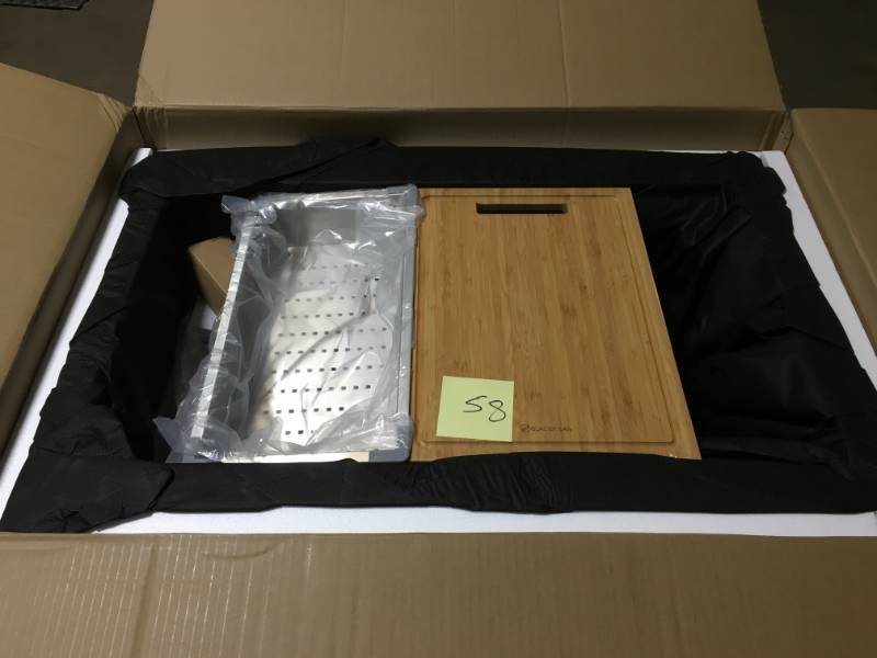 lot 58 image: All-in-One Apron-Front Farmhouse Stainless Steel 33 in. 5050 Double Bowl Workstation Sink with Accessory Kit- good condition