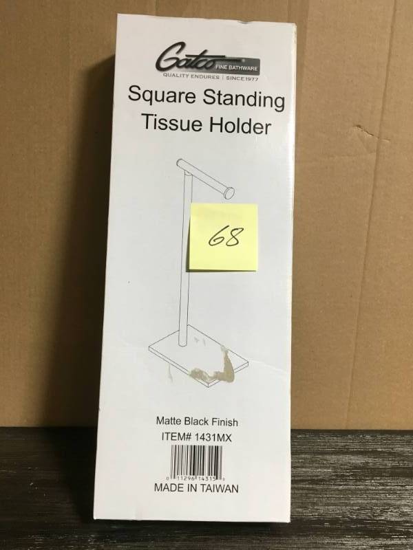 lot 68 image: Gatco Latitude II Square Free Standing Toilet Paper Holder in Matte Black- not used