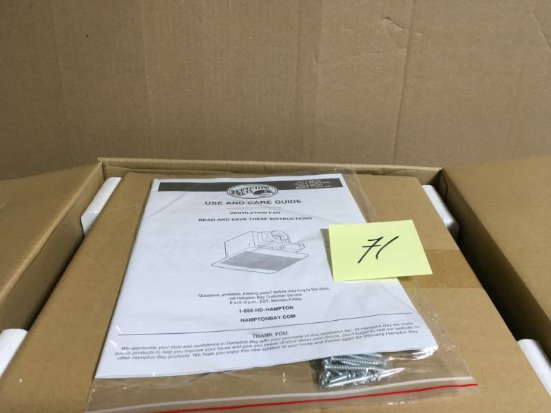 lot 71 image: Hampton Bay 50 CFM 0.5 Sone Ceiling Bath Fan- open box