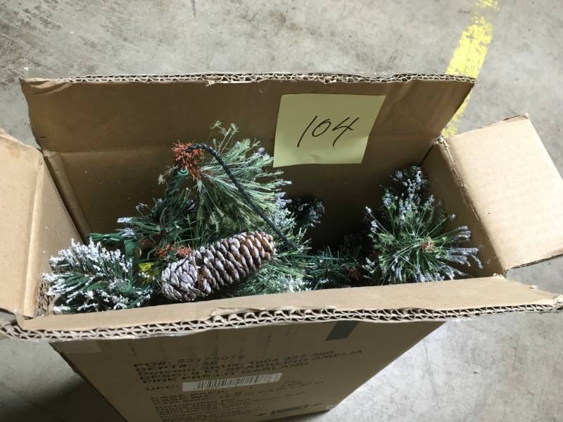 lot 104 image: 9 ft. Pre-Lit Artificial Sparkling Amelia Pine Christmas Garland with 120 Tips and 50 Clear Lights- good condition