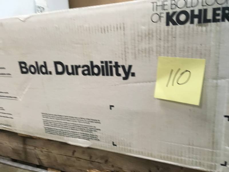 lot 110 image: KOHLER Riverby Undermount Cast-Iron 25 in. 5-Hole Single Bowl Kitchen Sink Kit with Bowl Rack in Biscuit PLEASE SEE PICS DAMAGE