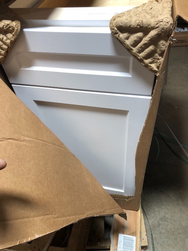 lot 155 image: Hampton Bay Designer Series Melvern Assembled 15x34.5x23.75 in. Base Kitchen Cabinet in White not used