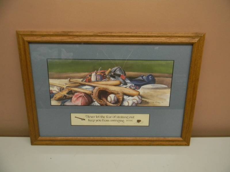 lot 32 image: SABRINA GREY NEVER LET THE FEAR OF STRIKING OUT KEEP YOU FROM SWINGING BABE RUTH - NICE NICE OAK FRAME - APPROX 21 BY 15 - SEE PICTURES