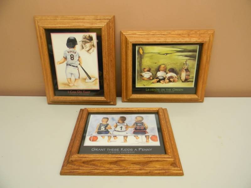 lot 33 image: KENNETH GATEWOOD - GRANT THESE KIDS A PENNY, LEGENDS ON THE GREEN & I CAN DO THAT - NICE NICE HEAVY OAK FRAMES - ALL APPROX 13 BY 11 - SEE PICTURES