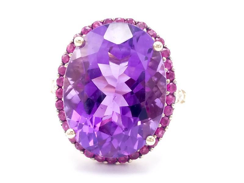 lot 10 image: Radiant Large Amethyst, Ruby, and Diamond Estate Ring in 14k Yellow Gold