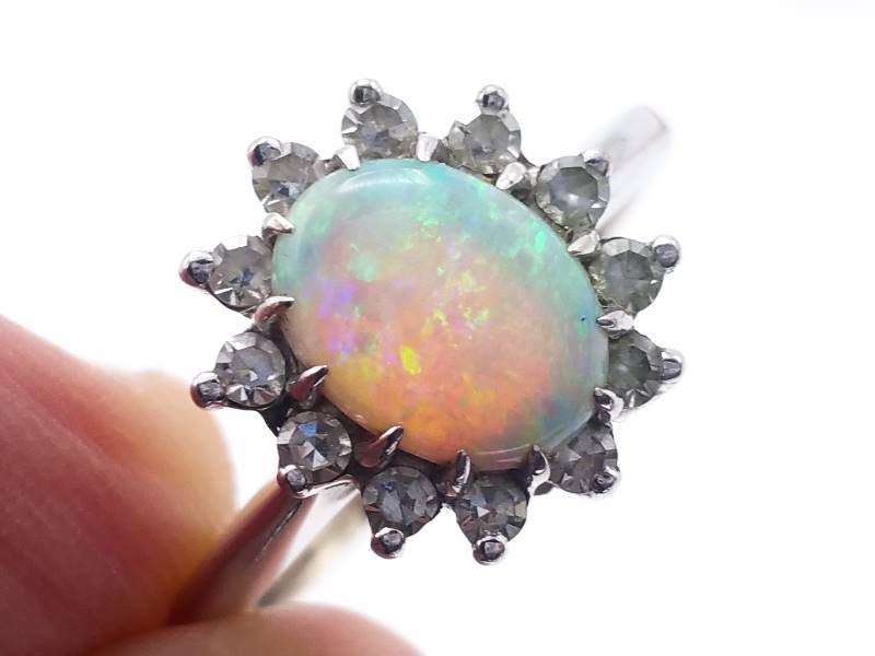lot 12 image: Vibrant Opal and Diamond Estate Ring in 14k White Gold