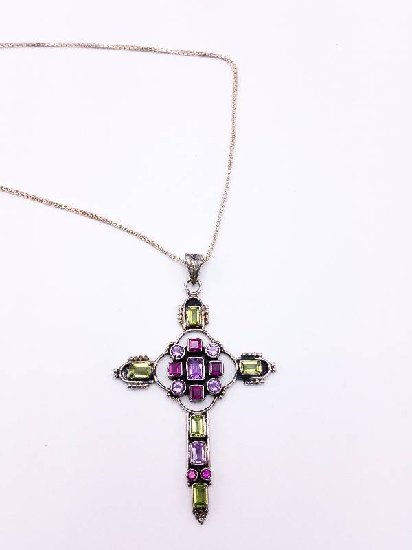lot 35 image: Garnet, Citrine, and Amethyst Gem Encrusted Cross Estate Necklace in Sterling Silver