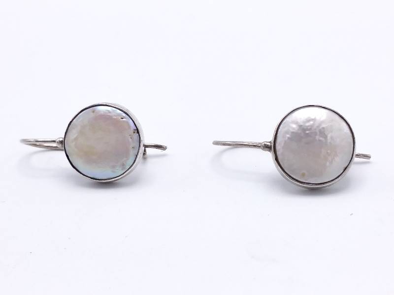 lot 37 image: Shimmering Mother-of-Pearl Abalone Estate Earrings in Sterling Silver